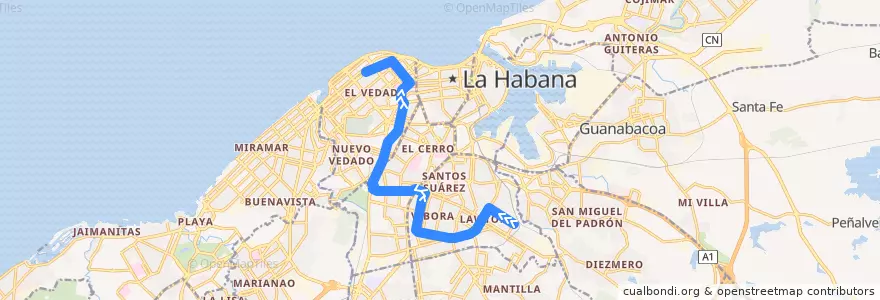 Mapa del recorrido Ruta 174 Lawton => Vedado de la línea  en La Habana.