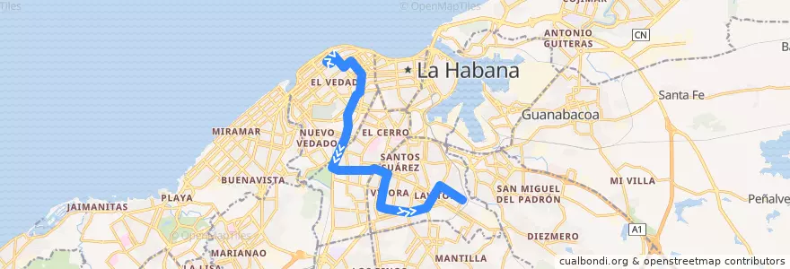 Mapa del recorrido Ruta 174 Vedado => Lawton de la línea  en La Habana.