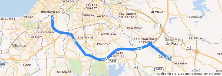Mapa del recorrido Ruta A10 Cotorro => Ceguera de la línea  en La Habana.