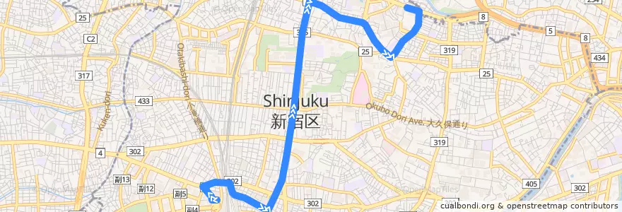 Mapa del recorrido 早77 新宿駅西口 => 新宿伊勢丹前 => 東新宿駅 => 早稲田 de la línea  en 新宿区.