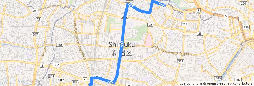 Mapa del recorrido 早77 早稲田 => 東新宿駅 => 歌舞伎町 => 新宿駅西口 de la línea  en 新宿区.