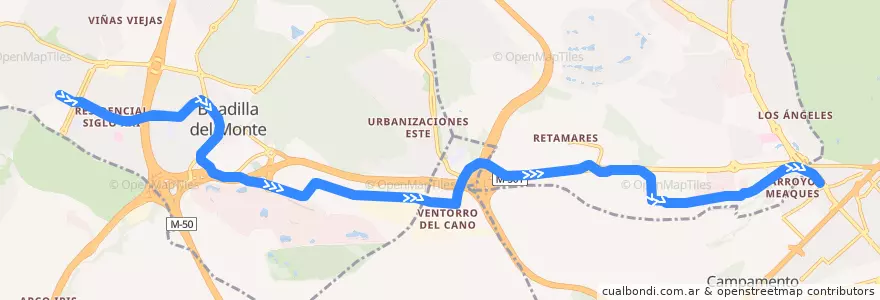 Mapa del recorrido Línea ML-3: Puerta de Boadilla-Colonia Jardín de la línea  en Área metropolitana de Madrid y Corredor del Henares.