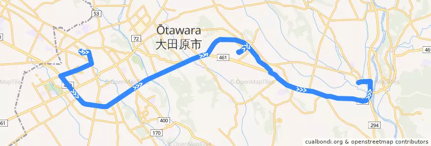 Mapa del recorrido 関東自動車バス 大田原市役所⇒黒羽出張所 de la línea  en Ohtawara.