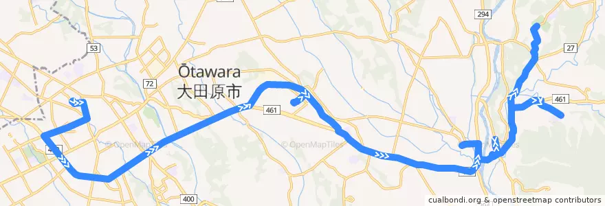 Mapa del recorrido 関東自動車バス 大田原市役所⇒黒羽高校⇒五峰の湯 de la línea  en Ohtawara.