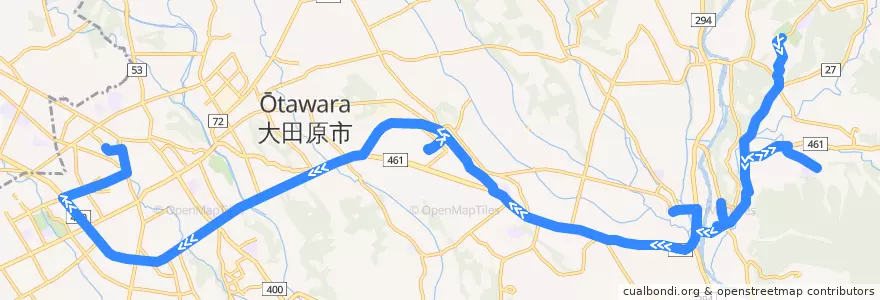 Mapa del recorrido 関東自動車バス 五峰の湯⇒黒羽高校⇒大田原市役所 de la línea  en Ohtawara.
