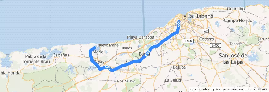 Mapa del recorrido Habana-TC Mariel de la línea  en Kuba.