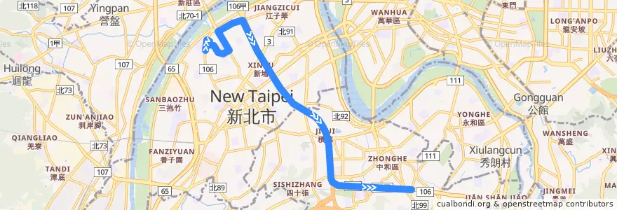 Mapa del recorrido 新北市 橘5 板橋-捷運景安站 (往程) de la línea  en Новый Тайбэй.