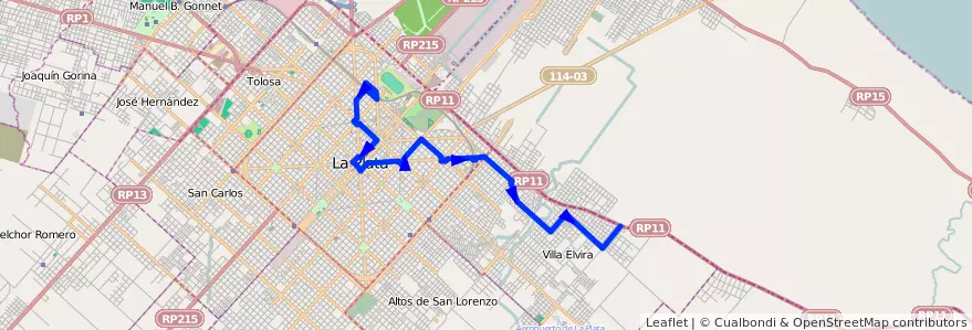 Mapa del recorrido 15 de la línea Este en Partido de La Plata.