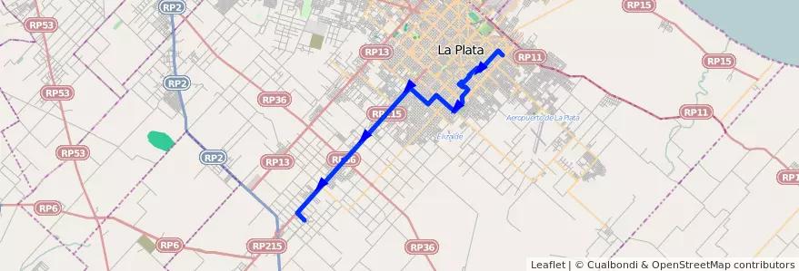 Mapa del recorrido 62 de la línea Oeste en Partido de La Plata.