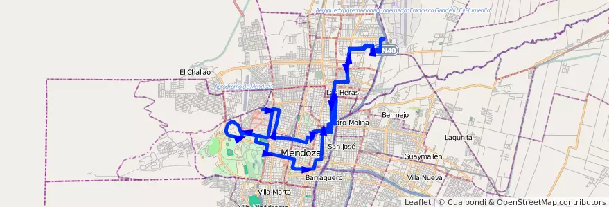 Mapa del recorrido 62 - Mathus Hoyos - Hospital - U.N.C. por Callejon Morales de la línea G06 en Mendoza.