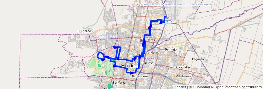 Mapa del recorrido 62 - Mathus Hoyos - Hospital - U.N.C. por Morales de la línea G06 en Mendoza.