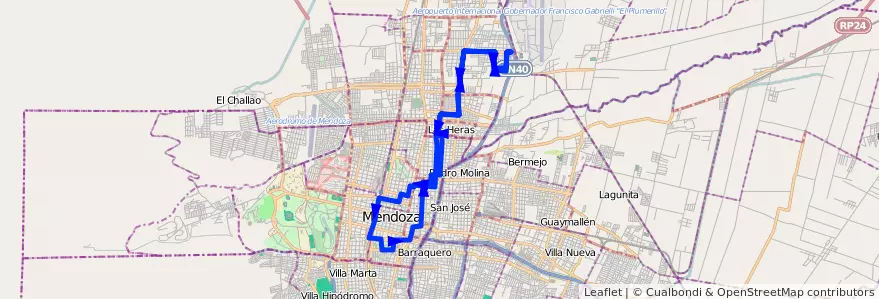 Mapa del recorrido 62 - Mathus Hoyos por Belgrano - Casa de Gob. de la línea G06 en Mendoza.