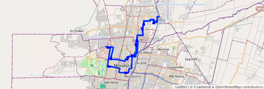 Mapa del recorrido 62 - Mathus Hoyos por Callejon Morales de la línea G06 en Mendoza.