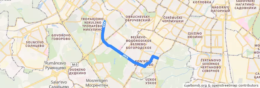 Mapa del recorrido Автобус 361: Метро "Юго-Западная" - улица Островитянова de la línea  en Südwestlicher Verwaltungsbezirk.