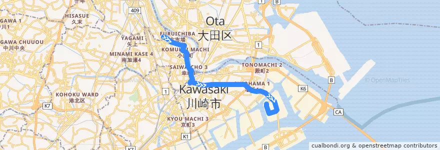 Mapa del recorrido 埠頭線 上平間 => 市営埠頭 de la línea  en Kawasaki.