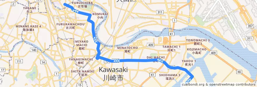 Mapa del recorrido 小向線 市営埠頭 => 上平間 de la línea  en Кавасаки.