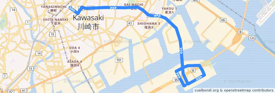 Mapa del recorrido 東扇島循環線 特急 川崎駅 => 東扇島循環 de la línea  en 川崎区.