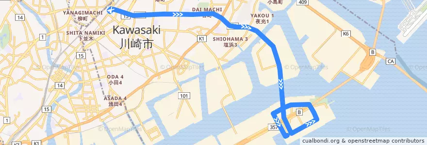 Mapa del recorrido 東扇島循環線 急行 川崎駅 => 東扇島循環 de la línea  en 川崎区.