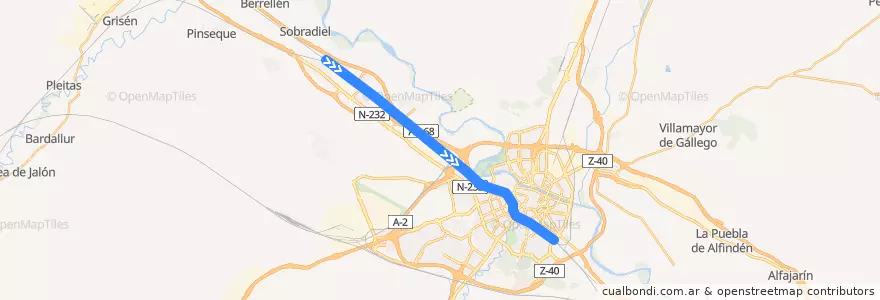 Mapa del recorrido Train C-1: Casetas - Miraflores de la línea  en Zaragoza.