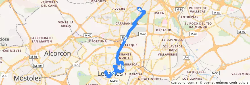 Mapa del recorrido Bus 484: Oporto → Estación FFCC Leganés de la línea  en Área metropolitana de Madrid y Corredor del Henares.
