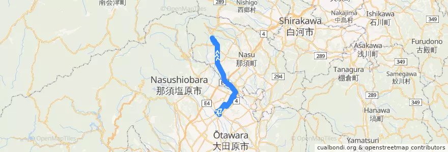 Mapa del recorrido 関東自動車バス 那須塩原駅⇒那須湯本温泉 de la línea  en Tochigi Prefecture.