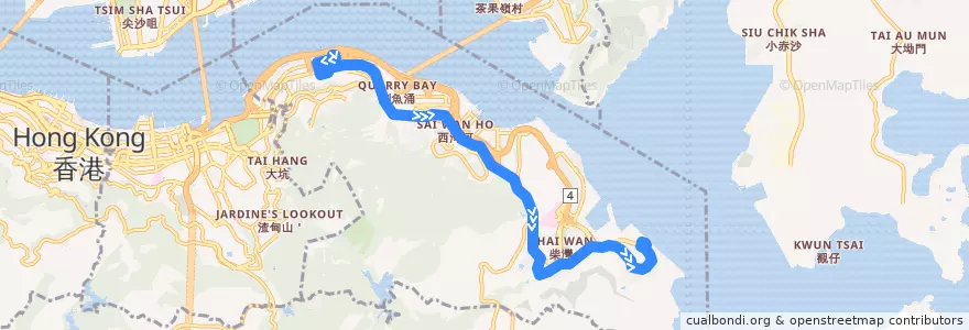 Mapa del recorrido 新巴82線 NWFB 82 (小西灣（藍灣半島） Siu Sai Wan (Island Resort) → 北角碼頭 North Point Ferry Pier) de la línea  en 東區 Eastern District.