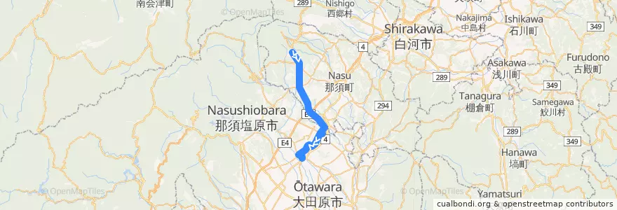 Mapa del recorrido 関東自動車バス 那須湯本温泉⇒那須塩原駅 de la línea  en 栃木県.