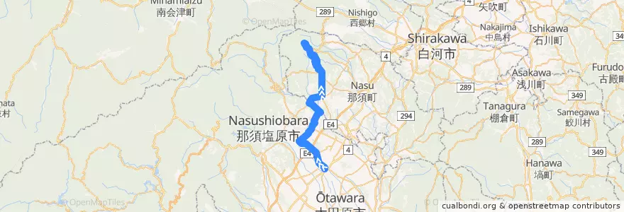 Mapa del recorrido 関東自動車バス 那須塩原駅⇒共和大学⇒那須ロープウェイ de la línea  en Tochigi Prefecture.