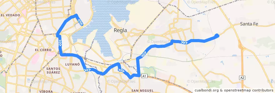 Mapa del recorrido Ruta A30 Habana Vieja => Guanabacoa de la línea  en La Habana.