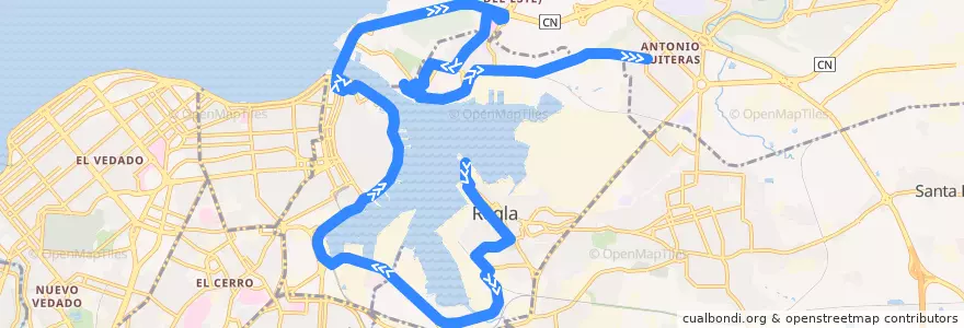 Mapa del recorrido Ruta A66 Regla => Ave Puerto => Bahíia de la línea  en La Havane.