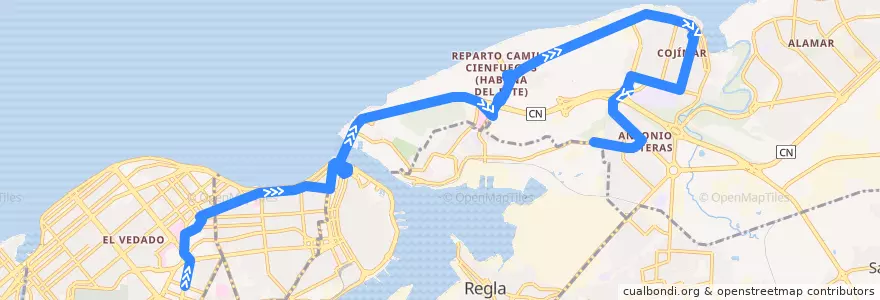 Mapa del recorrido Ruta A58 Plaza => Cojímar => Bahía de la línea  en La Habana.