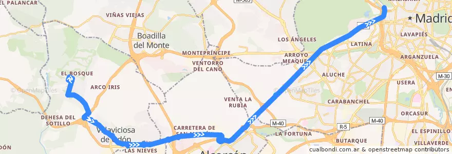 Mapa del recorrido Bus 518: Villaviciosa de Odón - Madrid de la línea  en Área metropolitana de Madrid y Corredor del Henares.