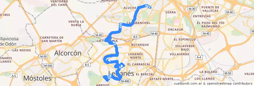 Mapa del recorrido Bus 486: Madrid (Oporto) - Leganés (Valdepelayo) de la línea  en Área metropolitana de Madrid y Corredor del Henares.
