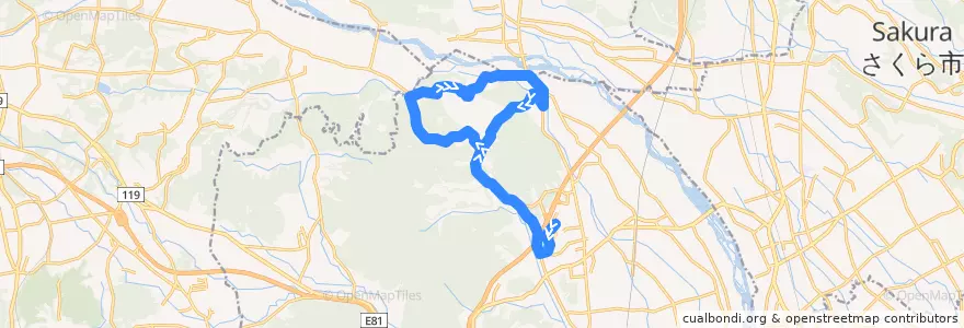 Mapa del recorrido 西小学校⇒宮山田循環 de la línea  en Utsunomiya.