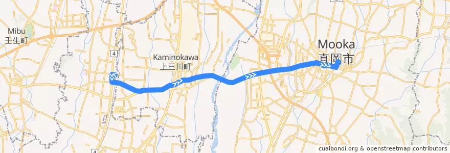 Mapa del recorrido 関東自動車バス 石橋駅⇒真岡車庫 de la línea  en 도치기현.