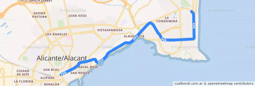 Mapa del recorrido TRAM L4: Luceros ⇒ Playa de San Juan de la línea  en Alacant / Alicante.