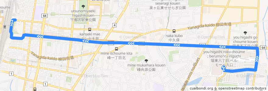 Mapa del recorrido 関東自動車バス[02] ベルモール⇒陽東桜ヶ丘⇒宇都宮駅東口 de la línea  en Utsunomiya.