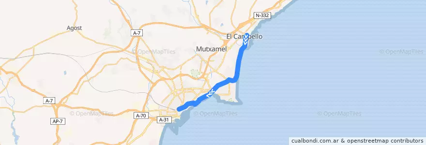 Mapa del recorrido TRAM L3: El Campello ⇒ Luceros de la línea  en l'Alacantí.