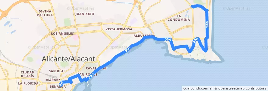 Mapa del recorrido 22: Alicante, Óscar Esplá ⇒ Playa San Juan, Avenida de las Naciones de la línea  en Alacant / Alicante.
