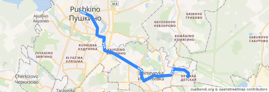 Mapa del recorrido Автобус 22: Пушкино (станция Пушкино) => Ивантеевка (микрорайон Детская) de la línea  en محافظة موسكو.