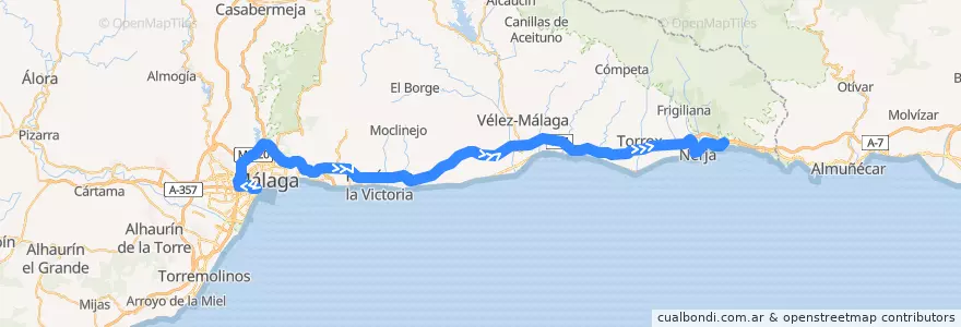 Mapa del recorrido Málaga - Nerja - Maro de la línea  en Málaga.