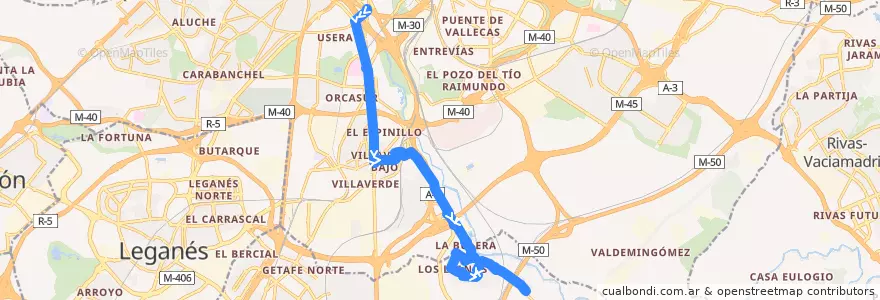 Mapa del recorrido Bus 411: Madrid (Legazpi) - Perales del Río de la línea  en Área metropolitana de Madrid y Corredor del Henares.