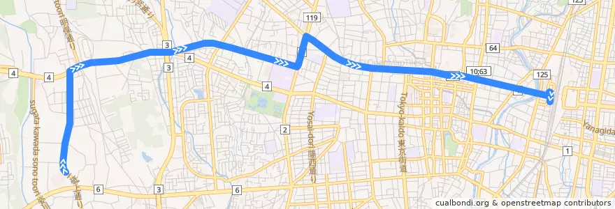 Mapa del recorrido 砥上車庫⇒宇都宮駅 de la línea  en 宇都宮市.