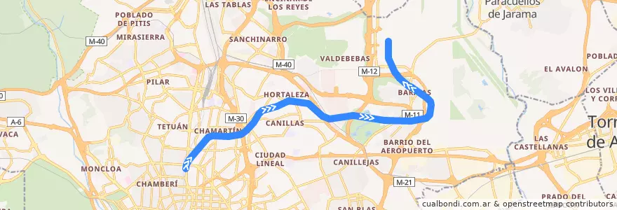 Mapa del recorrido Línea 8: Nuevos Ministerios-Aeropuerto T4 de la línea  en مدريد.