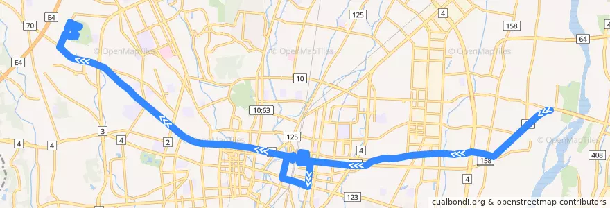 Mapa del recorrido 関東自動車バス[10] 柳田車庫⇒中平出・健康の森⇒駒生営業所 de la línea  en Utsunomiya.