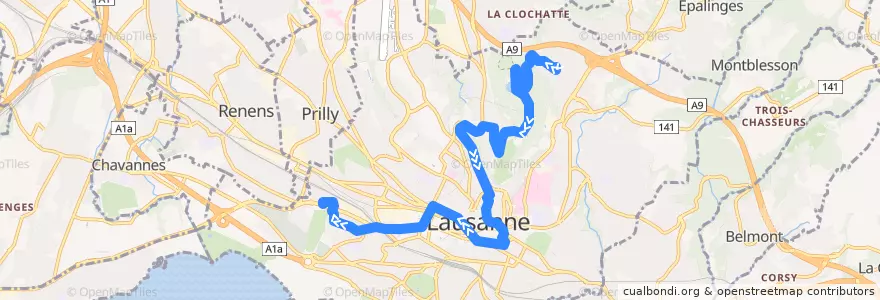 Mapa del recorrido 16: Grand Vennes - Provence nord de la línea  en Lausanne.