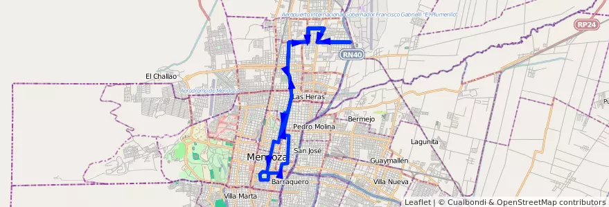 Mapa del recorrido 63 - Independencia - Patricias Mendocinas - Casa de Gob. de la línea G06 en Mendoza.