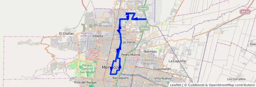 Mapa del recorrido 63 - Independencia - Patricias Mendocinas de la línea G06 en Mendoza.