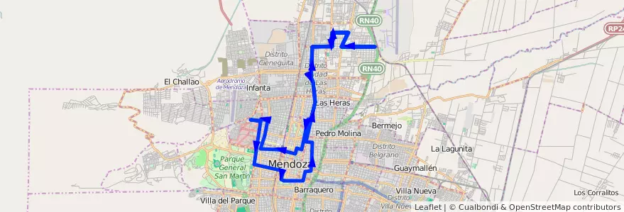 Mapa del recorrido 63 - Independencia - Patricias Mendocinas de la línea G06 en Mendoza.