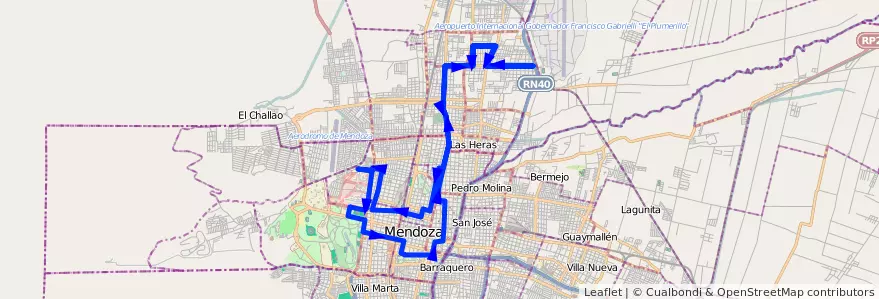 Mapa del recorrido 63 - Independencia - Patricias Mendocinas - Hospital de la línea G06 en Mendoza.